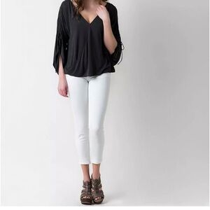 Free People Black Draped V-Neck Boho Top Slouchy Ruched Sleeve Blouse